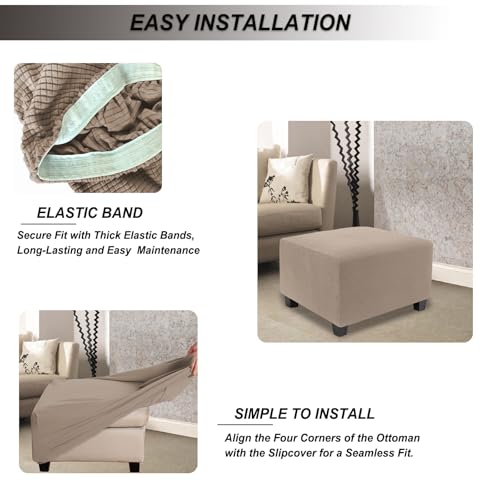 Image of NeColorLife Stretch Ottoman Cover Square Soft Knitted Jacquard Washable Thick Storage Foot Stool Cover for Square and Rectangle Ottomans Khaki Large