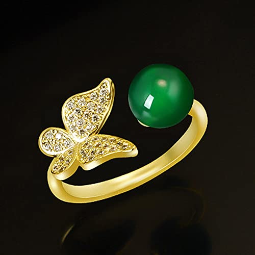 Butterfly Open Ring Chalcedony Jewelry Jade Band Rings for Women Round Genuine Green Eternity Ring (Color : Gold)3