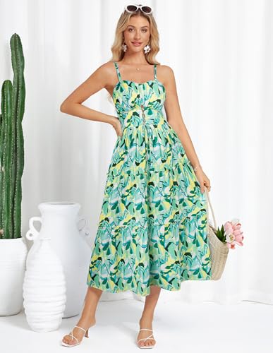 Image of GRACE KARIN 2026 Women's Spaghetti Vacation Sundress Summer Beach Flowy Boho Floral Maxi Dresses with Pockets Green Yellow Floral L