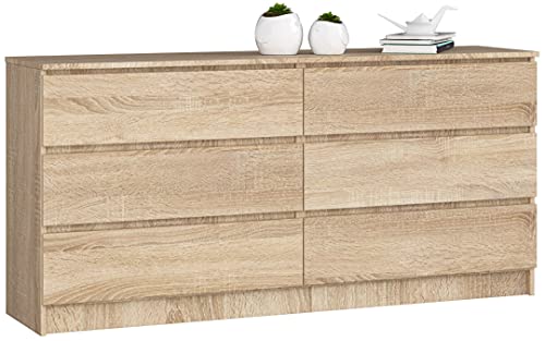 AKORD Kommode K-160 mit 6 (2 x 3) Schubladen | für das Wohnzimmer Schlafzimmer Schrank Büro Arbeitszimmer | Modernes Funktionales Design | B160 x H77 x T40 cm, Gewicht 70 kg | Sonoma Eiche