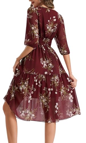 Image of Kormei Women Casual Boho Floral Round Neck 3 /4 Sleeve Smocked Waist Tiered A Line Flowy Swing Midi Dress Long Dresses