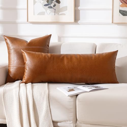 Image of Fancy Homi Brown Boho Long Lumbar Faux Leather Body Decorative Throw Pillow Cover 14x36 Inch for Bedroom Couch Bed Bench, Thick Stylish Solid Rectangle Pillowcase, Rustic Modern Farmhouse Room Decor