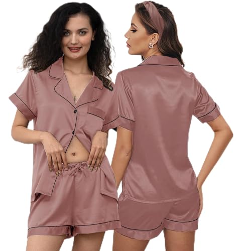 Image of 3Pcs Silk Pajamas XS-4XL Womens Satin Pajama Short Floral Sleepwear Bride Soft Pj Lounge Sets Pjs Shorts Set