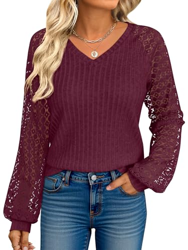 ANRABESS Lace Long Sleeve Tops for Women 2025 Fall Business Casual V Neck Shirts Work Office Trendy Blouses Fashion Outfits
