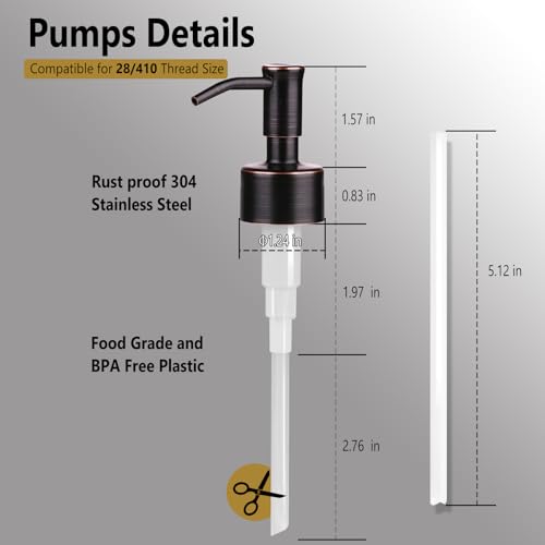 Image of Amoliar Mason Jar Liquid Soap Dispenser Pump, Stainless Steel Replacement Pump for Dish Soap, Lotion, Hand Soap, Cute Farmhouse Decor, Refill Soap Pump, ORB 2 Pack, Extra 1 Set Label, 2 Long Tubes
