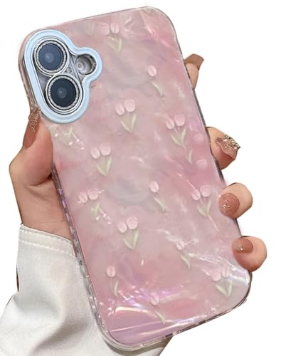Image of mobistyle Silicone Designed for iPhone 16 Plus | Camera Lens Protection |Tulip Flower Pattern Print Design for Women Teen Girls Phone Back Cover Case (Tulip Pink)
