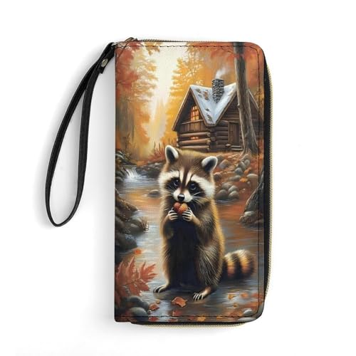 Fall Raccoon Cabin Woods Women's Wallet Wristlet Zipper Purse with Hand Strap Travel Credit Card Holder for Daily Use Gifts
