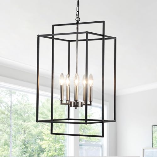 KOOFREDDO Lantern Chandelier for Dining Room, 5-Light Black and Nickel Foyer Lighting Fixtures...