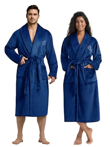 AW BRIDAL His and Her Robes for Couples Set of 2 Mr and Mrs Embroidered Robe for Bride Groom Fleece Matching Bathrobes for Men and Women Wedding and Engagement Gifts for Newly Engaged Royal Blue