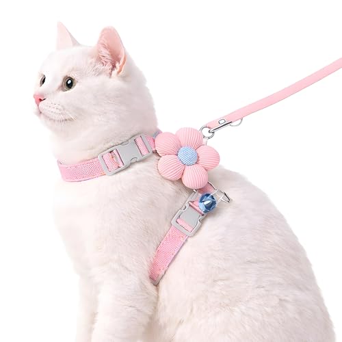 Buraq Cat Harness with Leash, Escape-Proof Dual Loop Design, Soft Breathable Adjustable Cat Belt with Bell & Flower, Harness for Cats & Kittens (Pink, M)