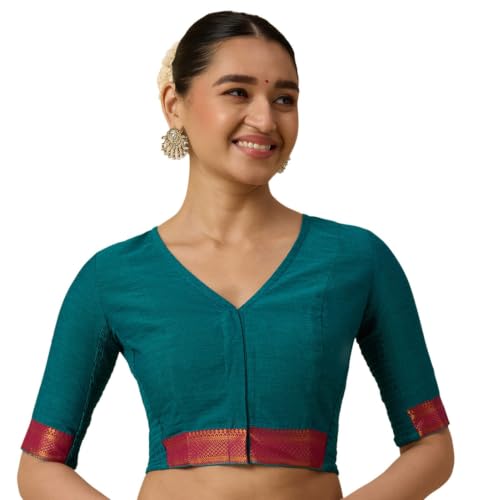 Image of Studio Shringaar Women's Handloom Cotton Stretchable (Smocked) Saree Blouse with Temple Zari Border