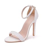 ❤ Heel-Typ: Stilettos. Bewinch Hochzeitsschuhe, Brautschuhe Brautjungfernschuhe One Word Buckle Weiße Perlensandalen Party Dinner Bühnenkleid Schuhe Absatzhöhe 11Cm,Weiß,38 EU