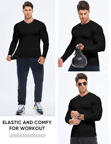 JMIERR Mens Muscle Slim Henley Shirt Button V-Neck Long Sleeve Gym Workout Athletic T Shirts4