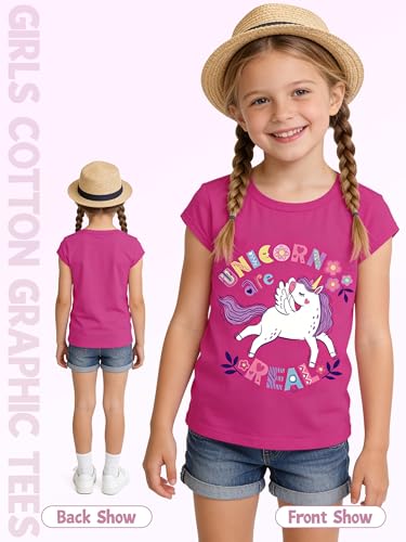 Image of QWE 5 Pack Girls Shirts Cotton Short Sleeve Shirts for Girls Graphic Kids Tops Tees Clothes Summer T-Shirts 5-12Y
