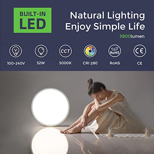 LightingWill 15.7 Inch LED Flush Mount Ceiling Light Fixture, 5000K Daylight White, 3800LM, 32W, Flat Modern Round Lighting Fixture, 320W Equivalent White Ceiling Lamp for Kitchens, Bedrooms.etc.