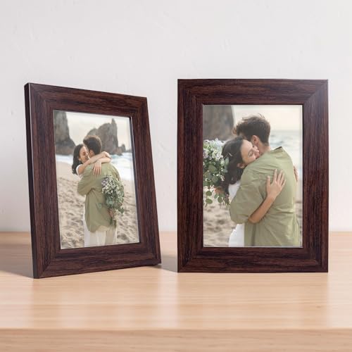 Image of GOLDEN PEACOCK Set of 2 5x7 Inch Photo Frames - Rich Chocolate Brown Wood Finish | Premium Wall Hanging & Tabletop Picture Frames for Home Decor & Gifting
