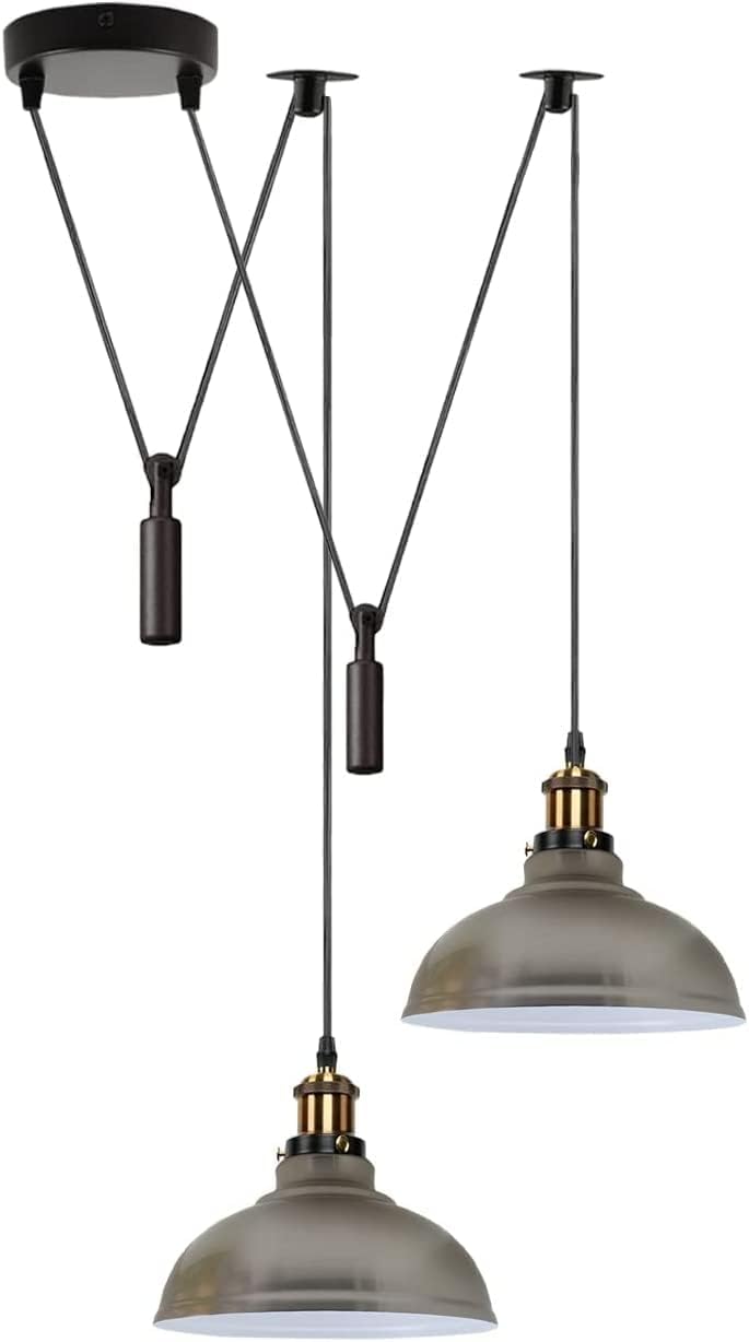 DC VOLTAGE Industrial Retro 2 Head Ceiling Metal 29cm Satin Nickel E27 Bulb Base Spider Pendant Light with Adjustable Cable for Office Restaurant Dinner Room Kitchen Hall