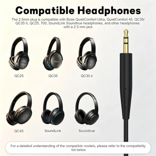 Image of Replacement USB C Audio Cable for Bose QuietComfort Ultra /QC45 /QC35, Black | USB C to 2.5mm Aux Cord Compatible with Bose QuietComfort Ultra 2nd Gen, QuietComfort, QC35, QC25, 700 for iPhone 17, MAC, PC