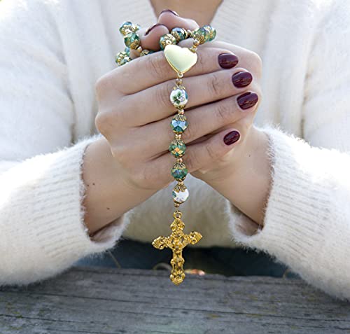 Nazareth Store Catholic Green Crystal Beads 10mm Gold Rosary Flowers Beaded Necklace Miraculous Heart Locket Medal & Cross Religious Women Men Amulet 21" in Velvet Bag2