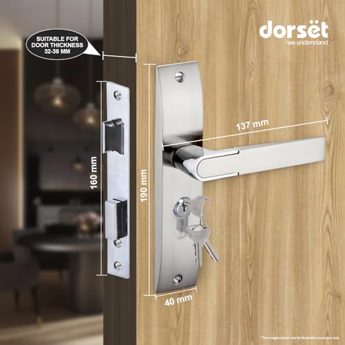 Image of Dorset Zovi Door Handle on Plate 8 inch | Both Side Key Lock | 60mm Cylinder | Mortise Lockset for Home, Office, and Hotels, Silver | HLZOVSC