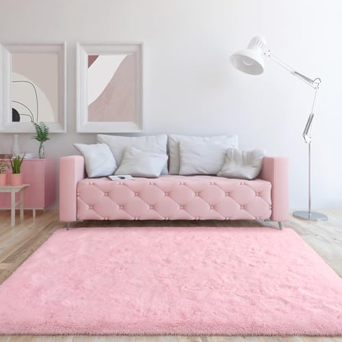 HOMORE Pink Rug for Girls, 5x8 Fluffy Shag Rugs for Living Room, Soft Bedroom Rugs for Kids Room, Cute Carpets for Dorm, Furry Rug for Nursery Indoor Decor