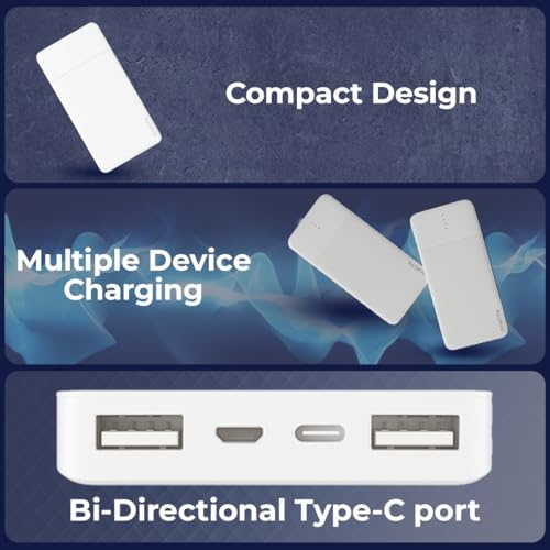 Image of OneLife 10000mAh Power Bank | 12W Fast Charging | Dual USB Output | Slim & Portable | ABS Body | BIS Certified | Compatible with iPhone, Android, Type-C Devices - Black & White (White)