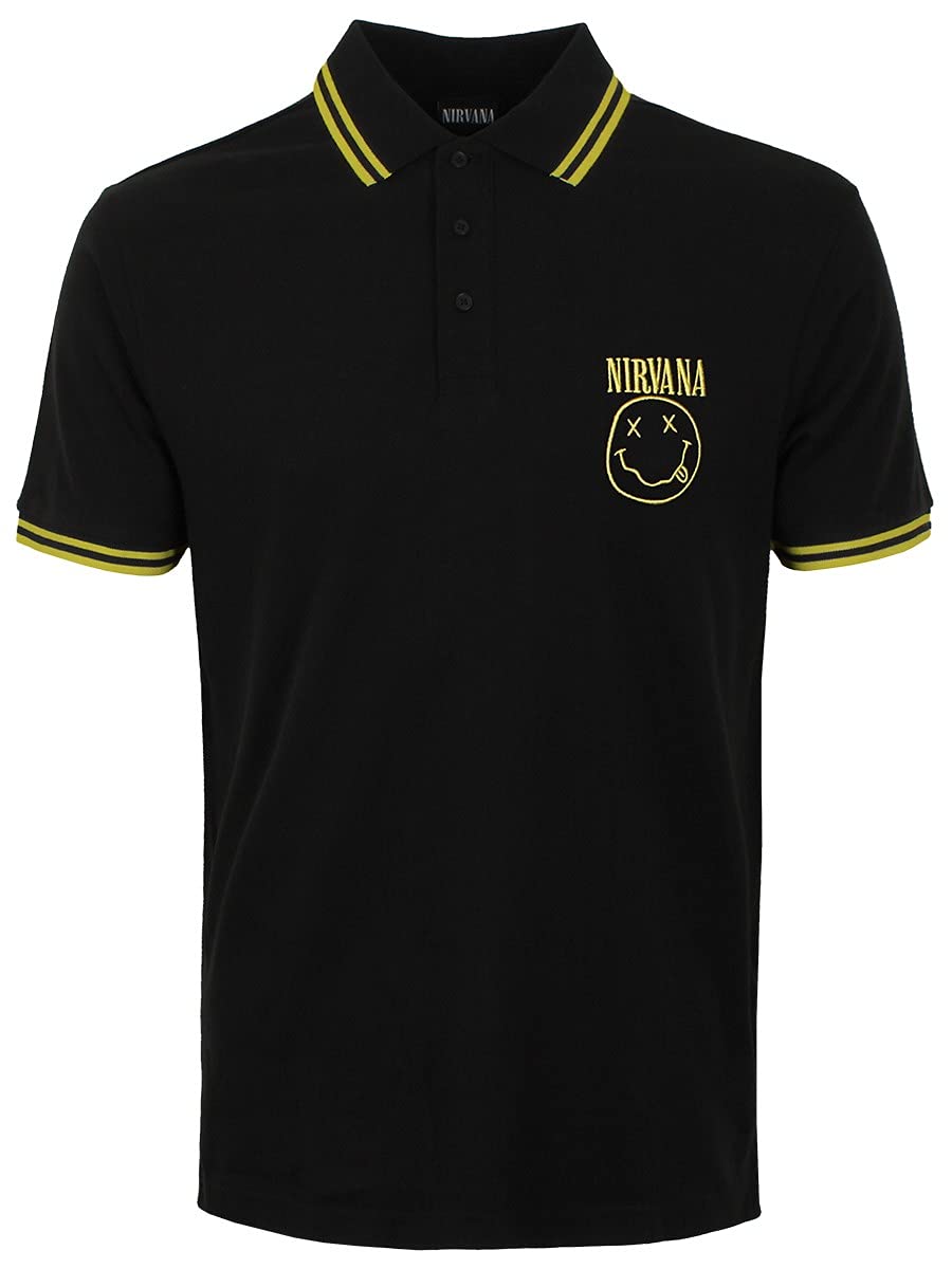 NirvanaPolo T Shirt Smiley Face Band Logo Official Mens Black