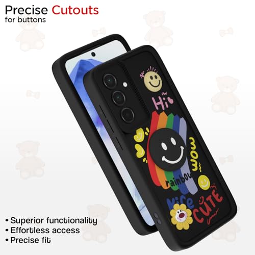 Image of Pikkme Back Cover for Samsung Galaxy A55 5G | Soft Silicone| Cute Rainbow Smile & 3D Cartoon Flower Design | Shockproof Raised Camera Protection Bumper Case (Black)