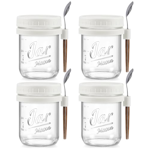 Image of LANDNEOO 4 Pack Overnight Oats Containers with Lids and Spoons, 16 oz Glass Mason Jars with Airtight Lids, Overnight Oats Jars for Milk, Cereal, Fruit-White