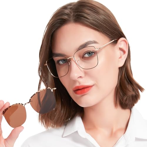 Image of Women's Large Blue Light Blocking Glasses plus Magnetic Sunglasses Clip, Easy to Switch to Shades for Driving