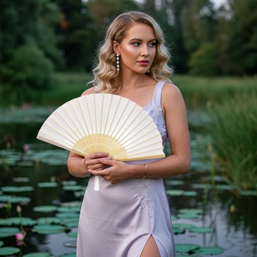 Image of Fabric Handheld Folding Hand Fan With a Tassel Grade A Bamboo Ribs for Women Girls Summer Party Event Favor Birthday Wedding Souvenir Gift (White)