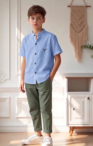 Image of Boys Short Sleeve Shirt, Mandarin Collar, Casual Wear