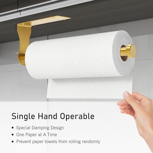Image of SetSail Paper Towel Holder, Single Hand Operable Paper Towel Holder Under Cabinet with Adjustable Damper Easy Tear Wall Mount Self-Adhesive or Drilled for Kitchen Bathroom, Gold