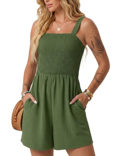 Image of Lepunuo Womens Rompers for Summer Casual Smocked Jumpers Overalls Square Neck Jumpsuits with Pockets Beach Vacation