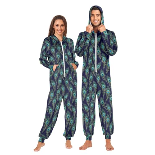 Meocouoe Adult Onesie Pajamas Peacock Feather Jumpsuit Costume Sleepwear Cosplay Comfy One-Piece Suit for Men & Women Pjs L