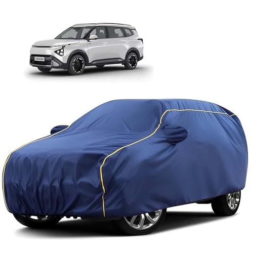 Image of Sulfar 100% Water Resistant Car Body Cover Compatible with Mirror for Kia Carens Clavis (Triple Stitched, Full Bottom Elastic, Blue Tafetta with Yellow Piping)