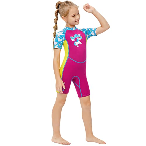 Foto von Yueta Kinder Neoprenanzug kurz, 2.5mm Neopren Tauchanzug Mädchen, Kurze Neoprenanzüge Reißverschluss hinten UV-Schutz 50+ Wetsuit zum Tauchen, Schwimmen, Surfen, Wassersport (Fuchsia, S)