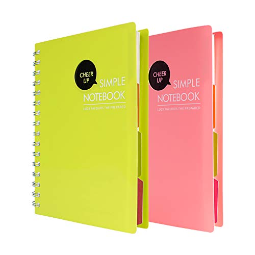 Spiral Notebooks, 4 Subject Notebook, A5 Spiral Bound Notebooks, PP Hardcover, Each 240 Pages, 2 Pack (Pink Green)