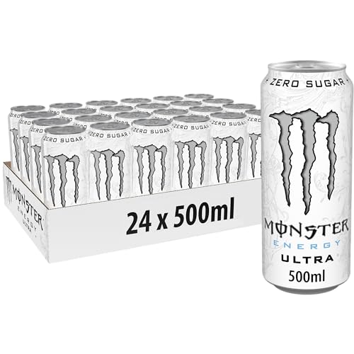 Monster Energy Ultra White – 24 Lattine da 500 ml, Energy Drink Zero Zuccheri e poche Calorie, Bevanda Energetica dal Gusto Leggero e Rinfrescante di Agrumi