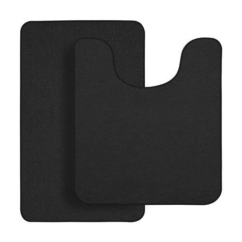 Bathroom Rugs Set 2 Pieces,Thin Bathroom Mats,Toilet Rugs,Quick Dry,Non-Slip,Machine Washable,Low Pile,Absorbent Bath Mats,Shower,Sink,Home Decor Accessories.Black,1'5"x2'3"+1'8"x2" U Shape