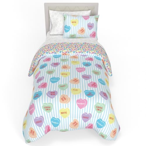 Image of Sweethearts Original Candy Hearts Bedding 5 Piece Twin Bed Set, Soft Cozy Nostalgia Reversible Comforter and Sheet Set with Sham, Officially Licensed Product By Franco