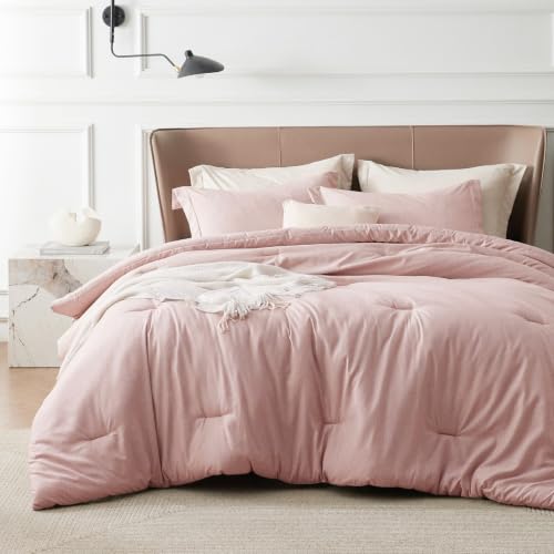 Image of Bedsure Pink Queen Comforter Set - Soft Bedding for All Seasons, Cationic Dyed Bed Set, 3 Pieces, 1 Queen Size Comforter (90 inchx90 inch) and 2 Pillow Shams (20 inchx26 inch+2 inch)