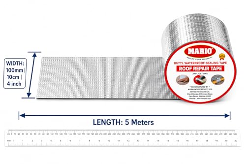 Image of Mario Butyl Rubber Waterproof Tape 4 Inch (100MM /10CM) x 5M | Heavy Duty Self-Adhesive Foil Sealing Tape for Roof Leak Repair, Surface Crack, Window Sill Gap, Pipe, Boat & Tank Waterproofing