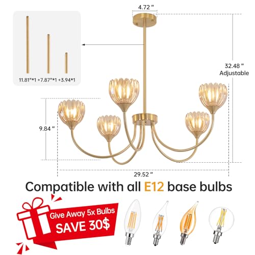 Image of Shenmoyl 30.31 inch Brass Gold 5-Light Chandelier, 5-Arm Amber Tulip Glass Pendant Light Fixture, Height Adjustable Vintage Branch Chandelier for Dining Room Living Room Kitchen Island Farmhouse