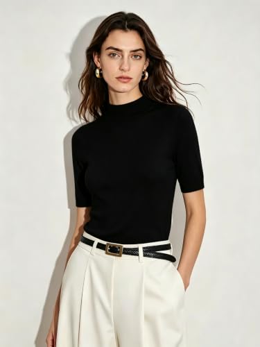 Image of Short Sleeve Mock Neck Turtleneck Sweater Tops Knit T Shirts Capsule Wardrobe Essentials