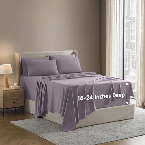 Image of Nestl Extra Deep Cal King Sheet Set - 6 Piece Breathable & Cooling Sheets - Hotel Luxury Bedding Set w /18-24 Inch Deep Pockets - Easy & Secure Fit - Super Soft, Wrinkle Free & Comfy - Dusty Purple