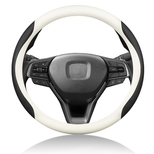 EIING ハンドルカバー 車用 軽自動車 sサイズ 3Dエンボスパターン 滑り止め ステアリングカバー 本革 汎用 おしゃれ 通気性がよい 取付簡単 普通車 ハンドル 保護カバー 高級 内装パーツ 車用品 アクセサリー オールシーズン対応 円形 37～38CM (ホワイト＋ブラック A)