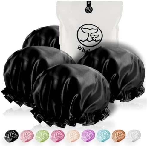 WhaleLife Shower Cap - Black Double-Layer Waterproof Reusable Satin-Lined for Women Men | Fits Thick Hair | Home Spa Travel 4 Pack