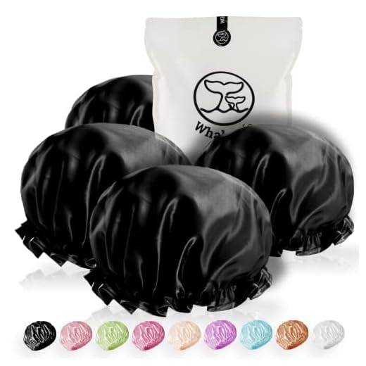 Touca de chuveiro feminina reutilizável grande (pacote com 4 pretas) de cetim com camada dupla extra à prova d'água, Preto, Extra Large