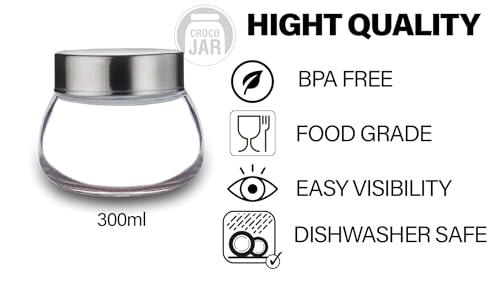 Image of CROCO JAR Oval Shape Glass Spice Jars with Rustproof Airtight Steel Lid | Reusable Kitchen Storage Containers for Home, Office & Pantry | 300ml Set of 6 Premium Glass Jars for Herbs & Condiments